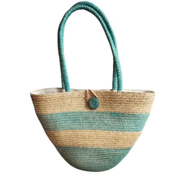 Handbags - Stylish Woven Tote Bag - Tan and Green